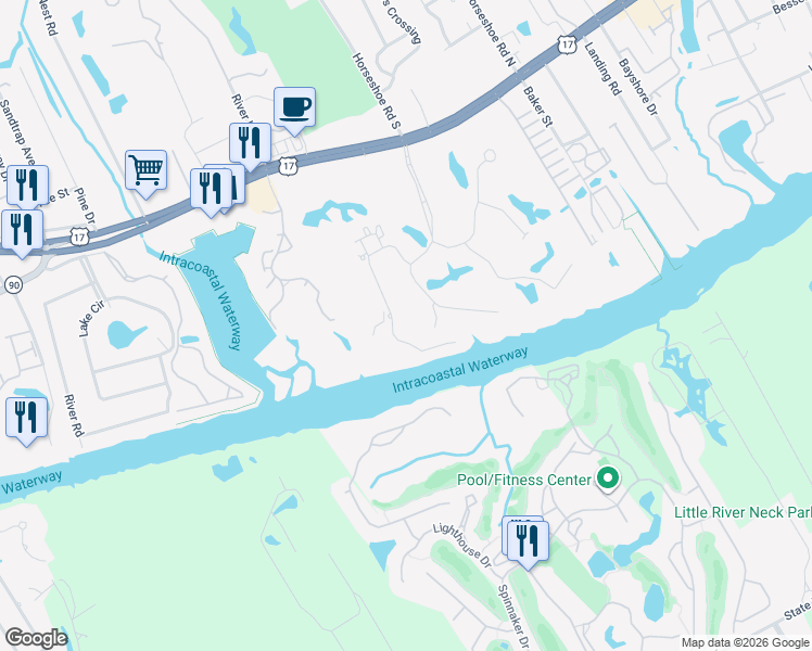 map of restaurants, bars, coffee shops, grocery stores, and more near 4557 Greenbriar Drive in Little River