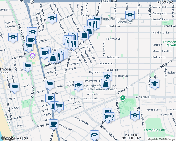 map of restaurants, bars, coffee shops, grocery stores, and more near 1306 Carmelita Avenue in Redondo Beach