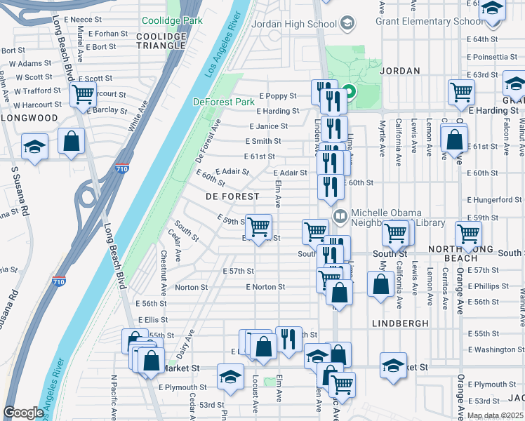 map of restaurants, bars, coffee shops, grocery stores, and more near 318 East Osgood Street in Long Beach