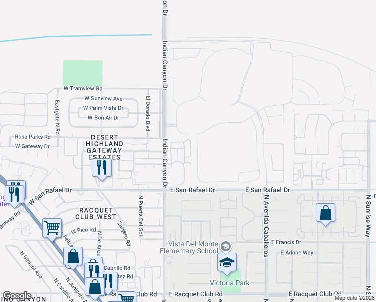 map of restaurants, bars, coffee shops, grocery stores, and more near 3627 Quiet Side Street in Palm Springs