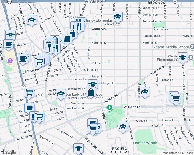 map of restaurants, bars, coffee shops, grocery stores, and more near 1816 Speyer Lane in Redondo Beach