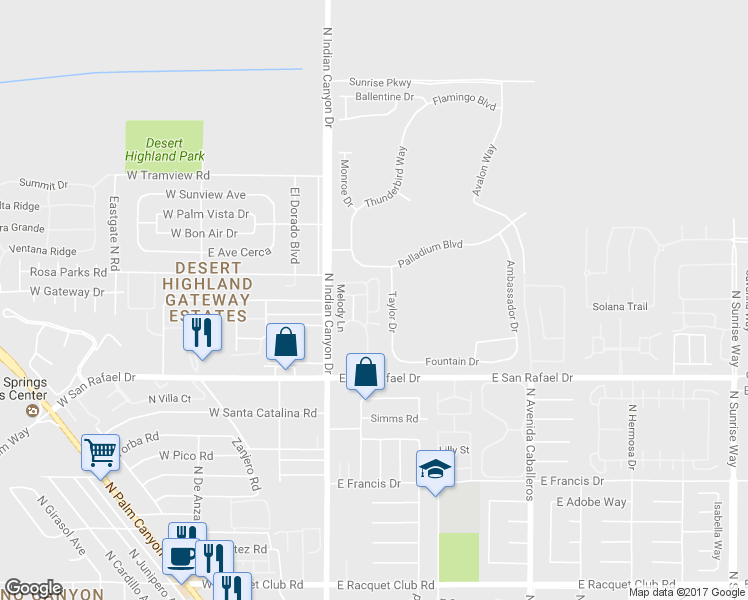 map of restaurants, bars, coffee shops, grocery stores, and more near 3627 Quiet Side Street in Palm Springs
