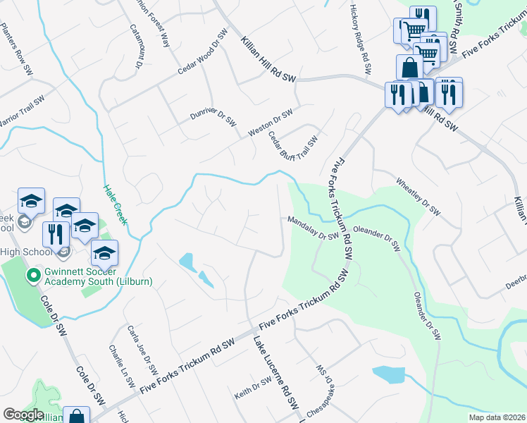 map of restaurants, bars, coffee shops, grocery stores, and more near 4501 Forest View Court Southwest in Lilburn