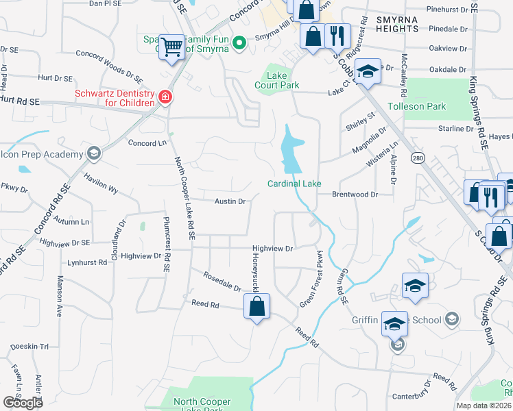 map of restaurants, bars, coffee shops, grocery stores, and more near 719 Austin Lake Drive in Smyrna