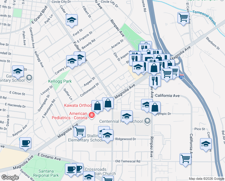 map of restaurants, bars, coffee shops, grocery stores, and more near 1611 Windmill Lane in Corona