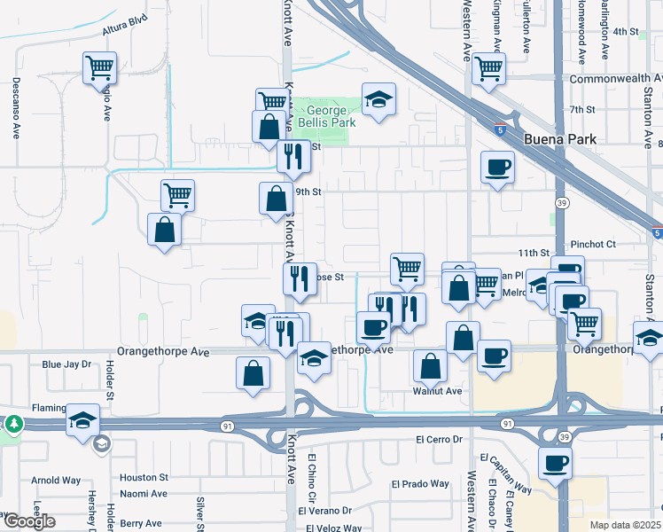 map of restaurants, bars, coffee shops, grocery stores, and more near 6762 Val Verde Avenue in Buena Park