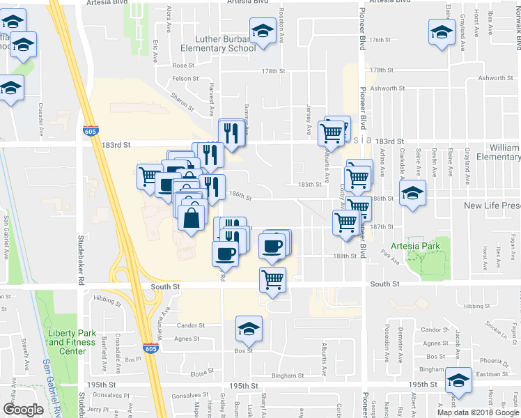 map of restaurants, bars, coffee shops, grocery stores, and more near 11454 186th Street in Artesia