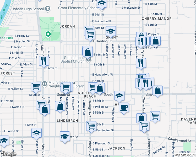 map of restaurants, bars, coffee shops, grocery stores, and more near 5916 Brayton Avenue in Long Beach