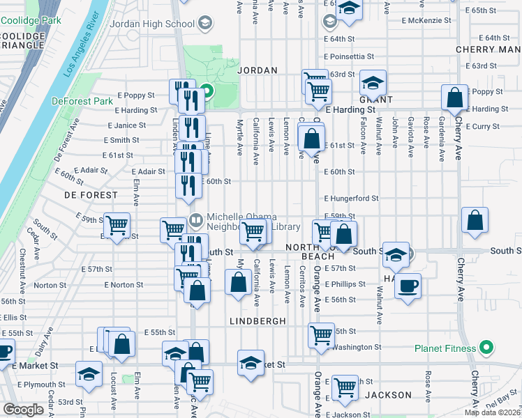 map of restaurants, bars, coffee shops, grocery stores, and more near 5917 Lewis Avenue in Long Beach