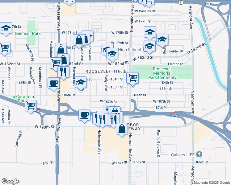 map of restaurants, bars, coffee shops, grocery stores, and more near 1476 185th Street in Gardena
