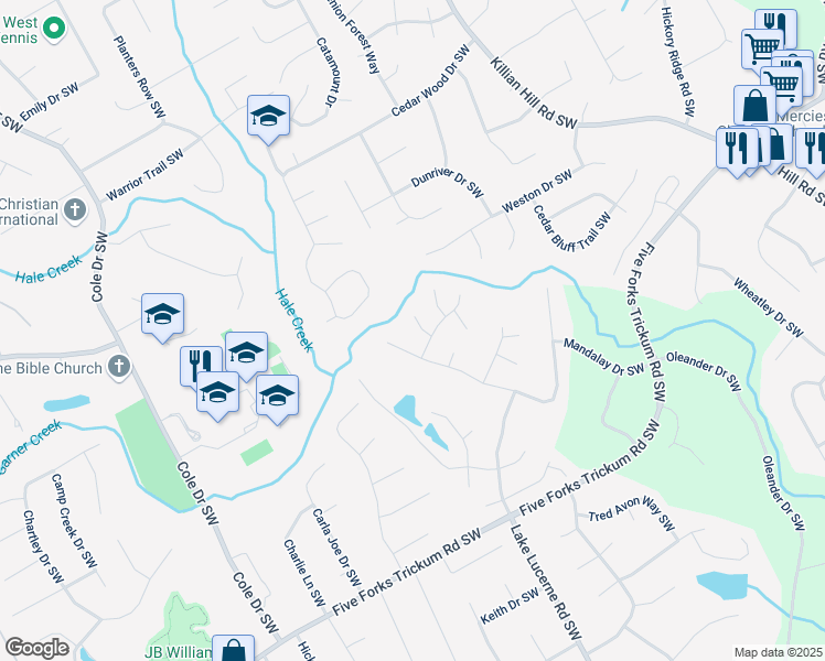 map of restaurants, bars, coffee shops, grocery stores, and more near 4576 Creek Forest Trail in Lilburn