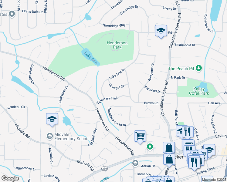 map of restaurants, bars, coffee shops, grocery stores, and more near 3963 Donegal Court in Tucker
