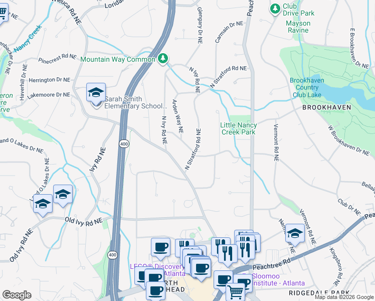 map of restaurants, bars, coffee shops, grocery stores, and more near 737 Stovall Boulevard Northeast in Atlanta
