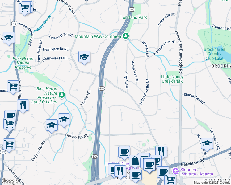 map of restaurants, bars, coffee shops, grocery stores, and more near 4002 Wieuca Road Northeast in Atlanta