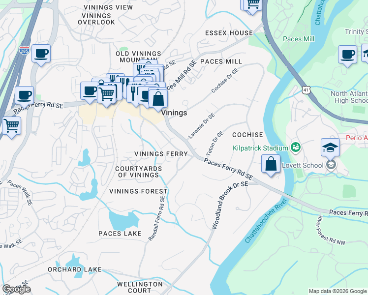 map of restaurants, bars, coffee shops, grocery stores, and more near 4270 Paces Ferry Road Southeast in Atlanta