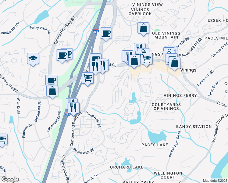 map of restaurants, bars, coffee shops, grocery stores, and more near 3844 Paces Lookout Circle Southeast in Atlanta