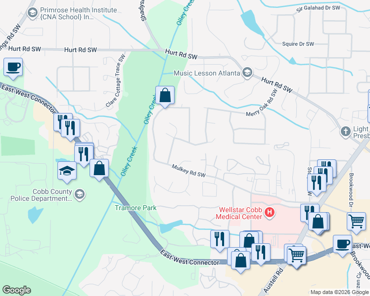 map of restaurants, bars, coffee shops, grocery stores, and more near 1987 Calvary Hill Court Southwest in Marietta
