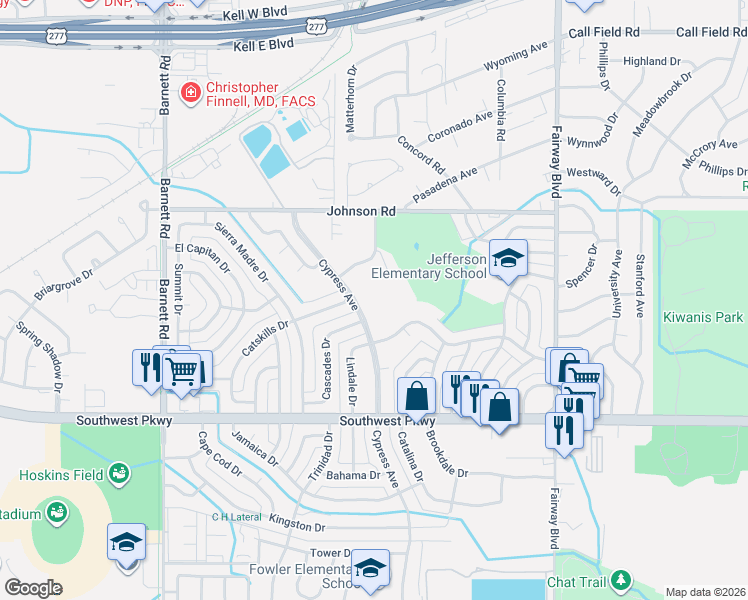 map of restaurants, bars, coffee shops, grocery stores, and more near 4509 Cypress Avenue in Wichita Falls