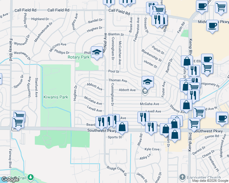 map of restaurants, bars, coffee shops, grocery stores, and more near 4412 Cunningham Drive in Wichita Falls