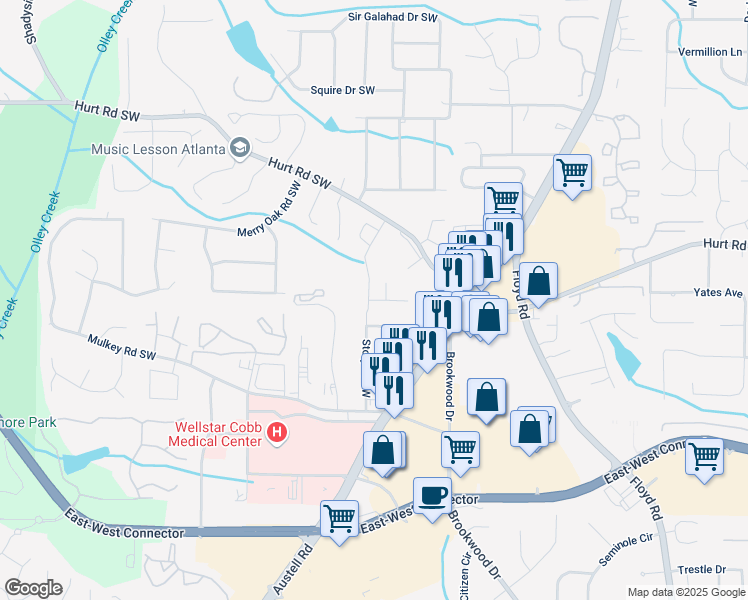 map of restaurants, bars, coffee shops, grocery stores, and more near 1721 Lansmere Street Southwest in Austell