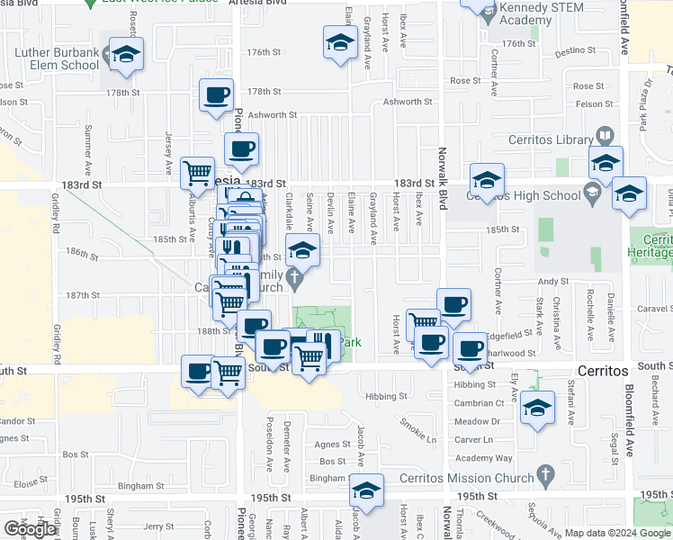 map of restaurants, bars, coffee shops, grocery stores, and more near 18616 Devlin Avenue in Artesia