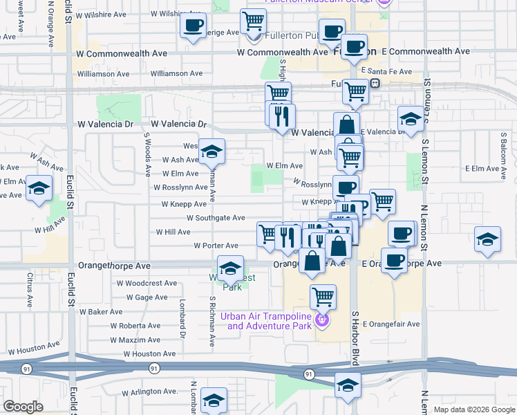 map of restaurants, bars, coffee shops, grocery stores, and more near 326 West Knepp Avenue in Fullerton