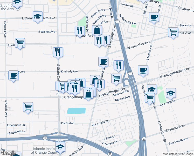 map of restaurants, bars, coffee shops, grocery stores, and more near 1035 South Placentia Avenue in Fullerton