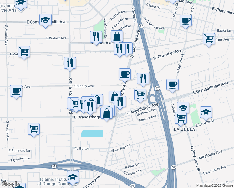 map of restaurants, bars, coffee shops, grocery stores, and more near 1035 South Placentia Avenue in Fullerton