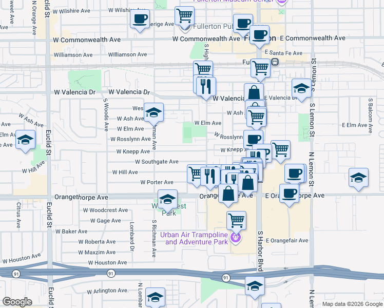 map of restaurants, bars, coffee shops, grocery stores, and more near 326 West Knepp Avenue in Fullerton