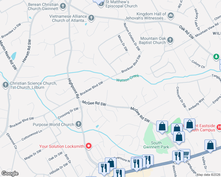 map of restaurants, bars, coffee shops, grocery stores, and more near 1810 Lisa Springs Drive Southwest in Snellville