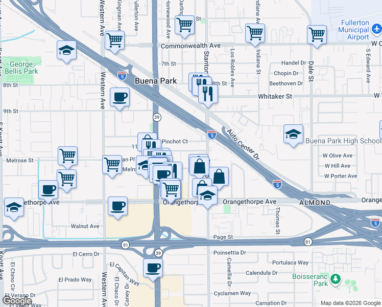 map of restaurants, bars, coffee shops, grocery stores, and more near 7912 11th Street in Buena Park