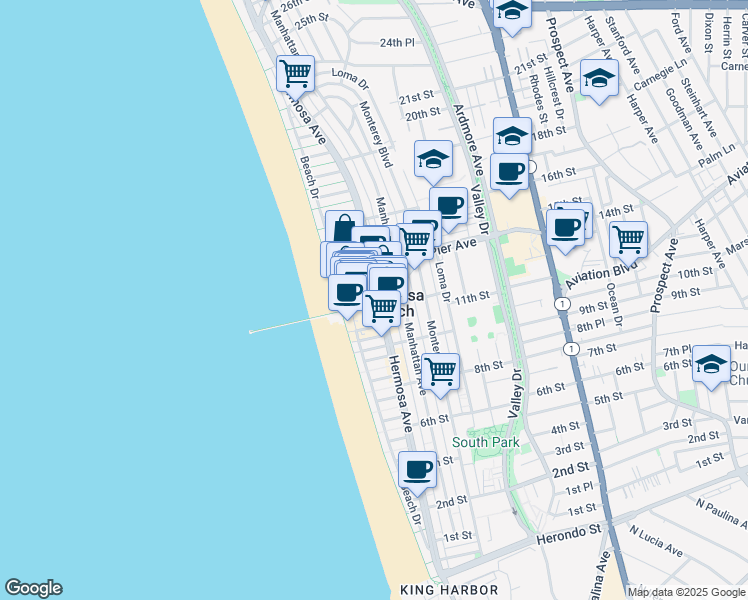 map of restaurants, bars, coffee shops, grocery stores, and more near 81 Pier Avenue in Hermosa Beach