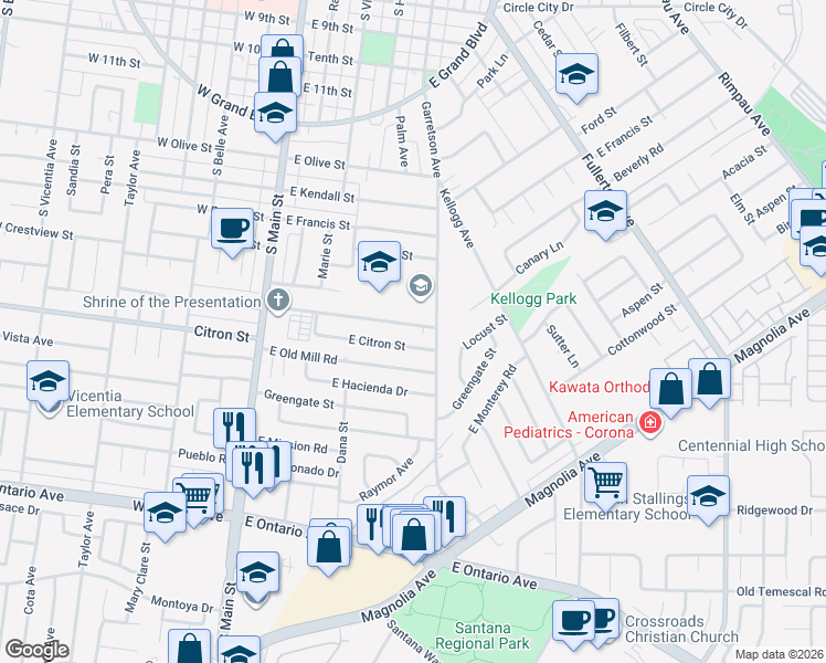map of restaurants, bars, coffee shops, grocery stores, and more near 450 East Rancho Road in Corona