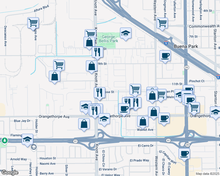 map of restaurants, bars, coffee shops, grocery stores, and more near 6762 Val Verde Avenue in Buena Park