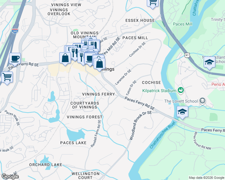 map of restaurants, bars, coffee shops, grocery stores, and more near 4270 Paces Ferry Road Southeast in Atlanta