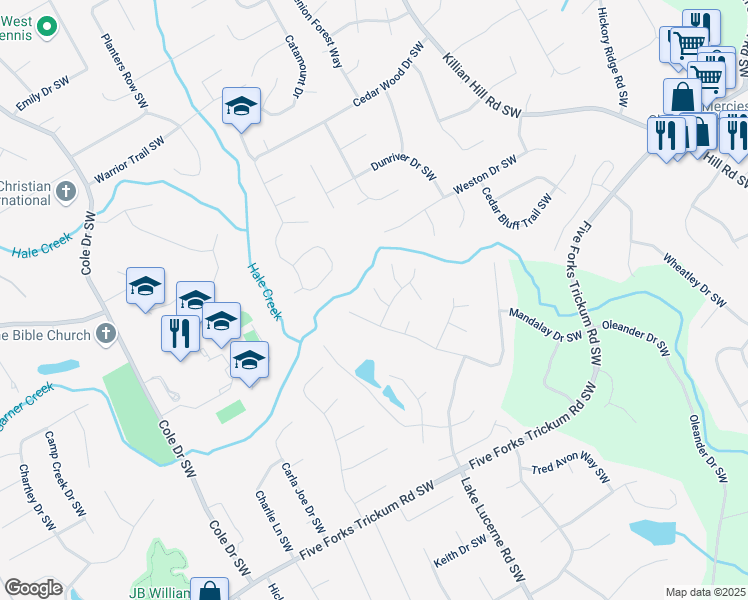 map of restaurants, bars, coffee shops, grocery stores, and more near 4576 Creek Forest Trail in Lilburn
