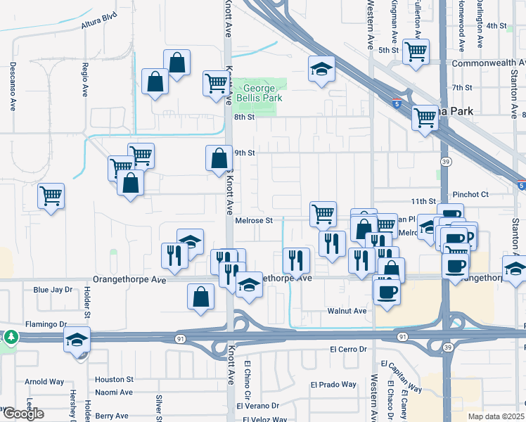 map of restaurants, bars, coffee shops, grocery stores, and more near 6762 Val Verde Avenue in Buena Park