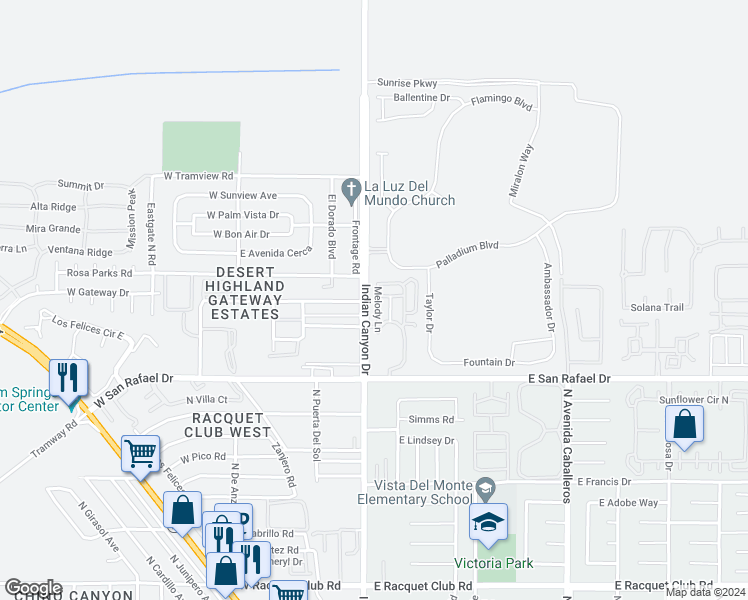 map of restaurants, bars, coffee shops, grocery stores, and more near 3601 Melody Lane in Palm Springs