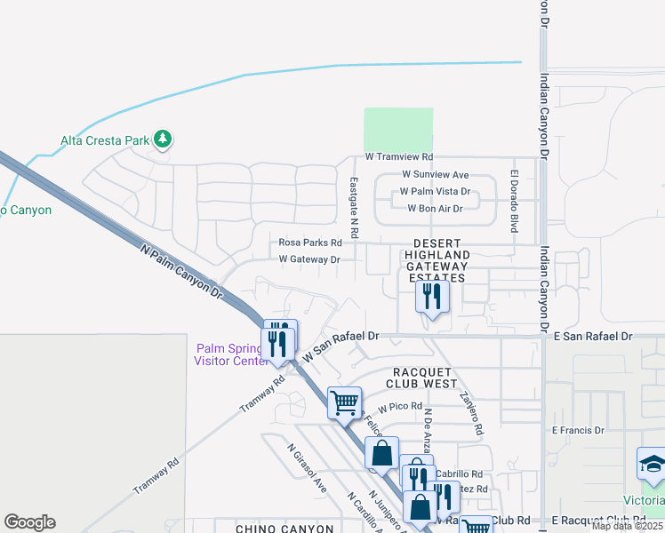 map of restaurants, bars, coffee shops, grocery stores, and more near 693 West Gateway Drive in Palm Springs