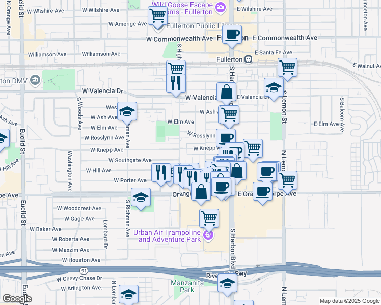 map of restaurants, bars, coffee shops, grocery stores, and more near 230 West Knepp Avenue in Fullerton