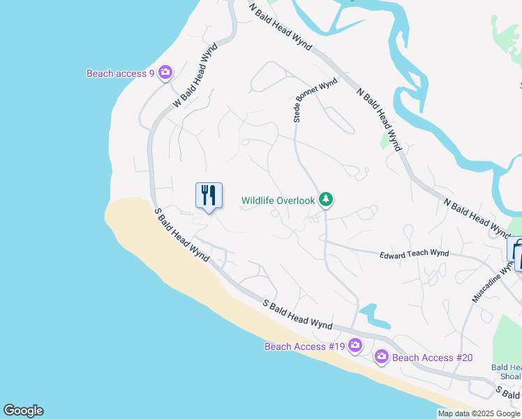map of restaurants, bars, coffee shops, grocery stores, and more near 29 Earl of Craven Court in Bald Head Island