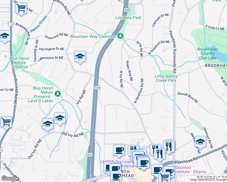 map of restaurants, bars, coffee shops, grocery stores, and more near 4000 Wieuca Road Northeast in Atlanta