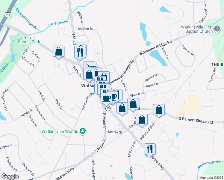 map of restaurants, bars, coffee shops, grocery stores, and more near 10 2nd Street in Watkinsville