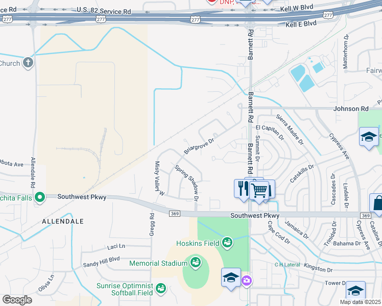 map of restaurants, bars, coffee shops, grocery stores, and more near 5707 Briargrove Dr in Wichita Falls