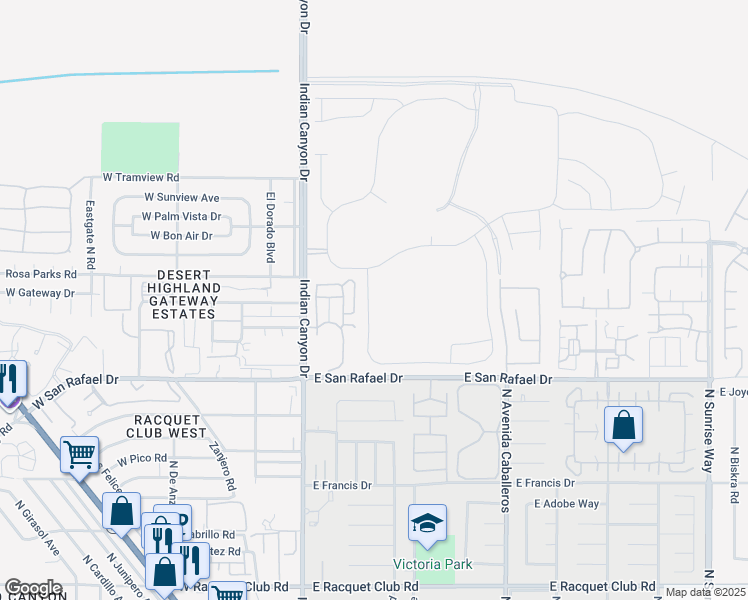 map of restaurants, bars, coffee shops, grocery stores, and more near 3754 Taylor Drive in Palm Springs