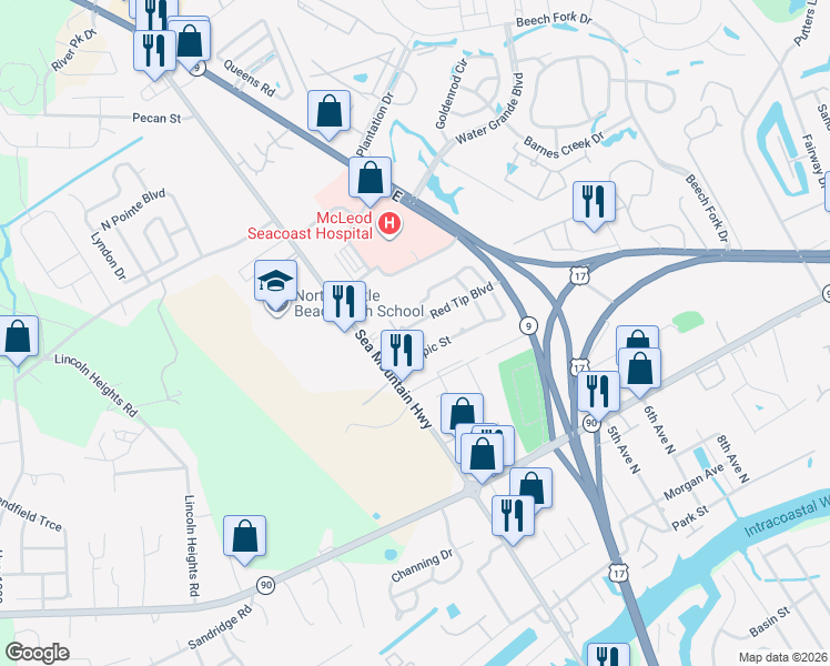 map of restaurants, bars, coffee shops, grocery stores, and more near 124 Red Tip Boulevard in Little River