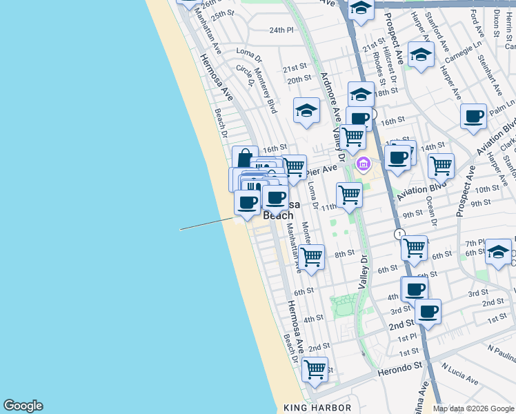 map of restaurants, bars, coffee shops, grocery stores, and more near 42 13th Street in Hermosa Beach