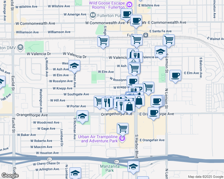 map of restaurants, bars, coffee shops, grocery stores, and more near 230 West Knepp Avenue in Fullerton