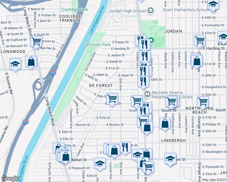 map of restaurants, bars, coffee shops, grocery stores, and more near 318 East Osgood Street in Long Beach