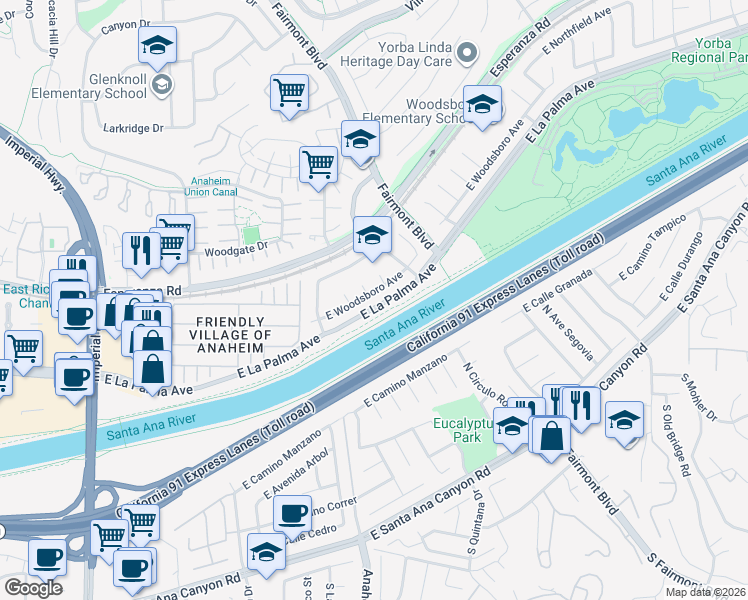 map of restaurants, bars, coffee shops, grocery stores, and more near 6254 East Woodsboro Avenue in Anaheim